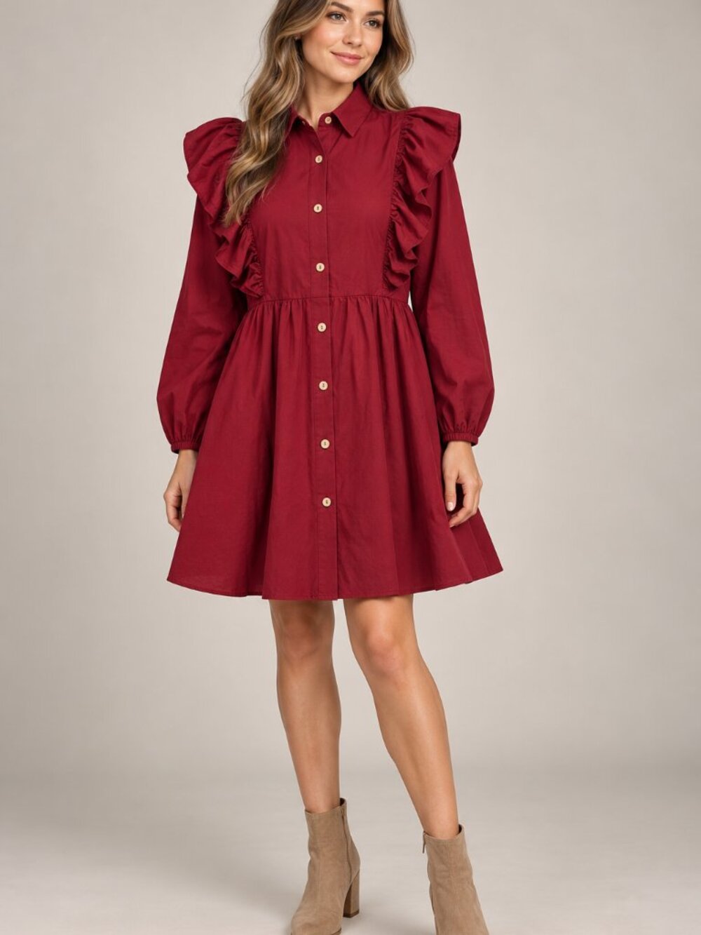 New Tofisa 42 Burgundy Fall Dress Ruffle Button Front Long Sleeve Shirt Dress